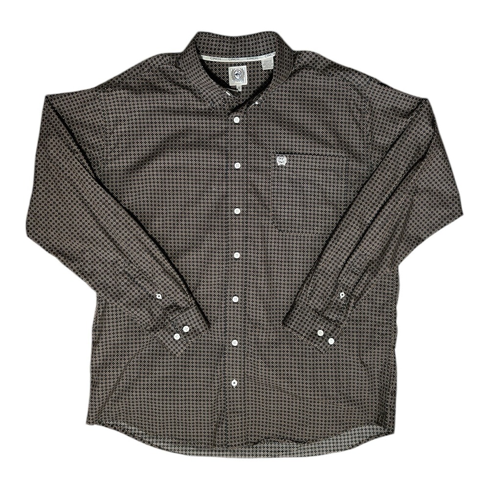 CINCH Button Down Shirt sz XXL Brown Geometric Cotton Long Sleeve  50" Chest